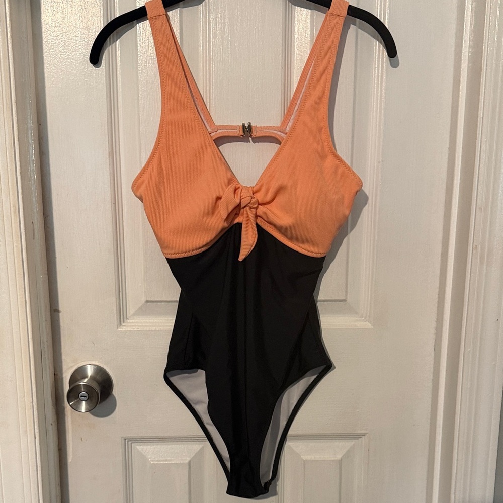 Two-Tone Peach and Black One-Piece Swimsuit